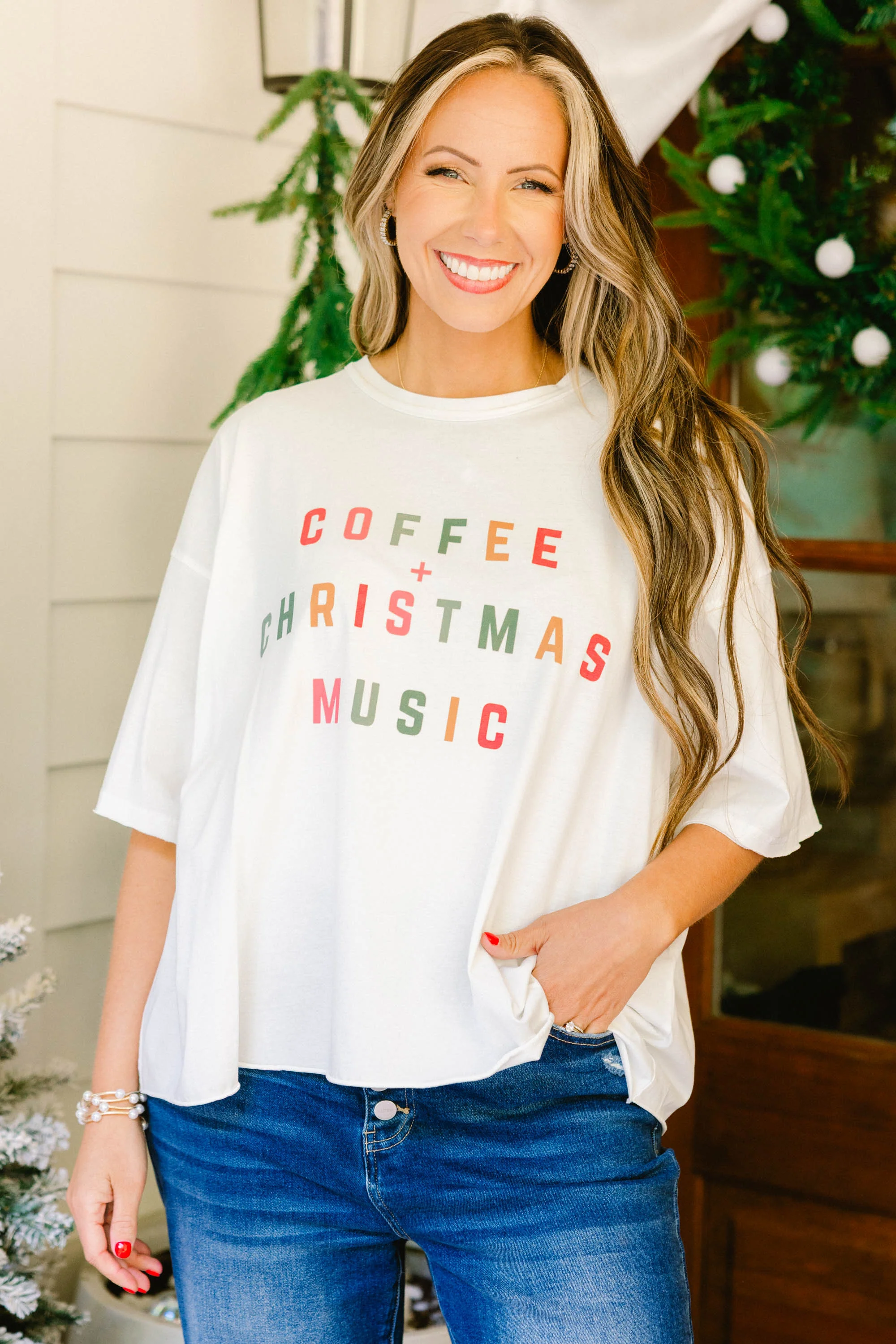 Coffee and Christmas Music Vintage Wash Tee, White - Giverhouse