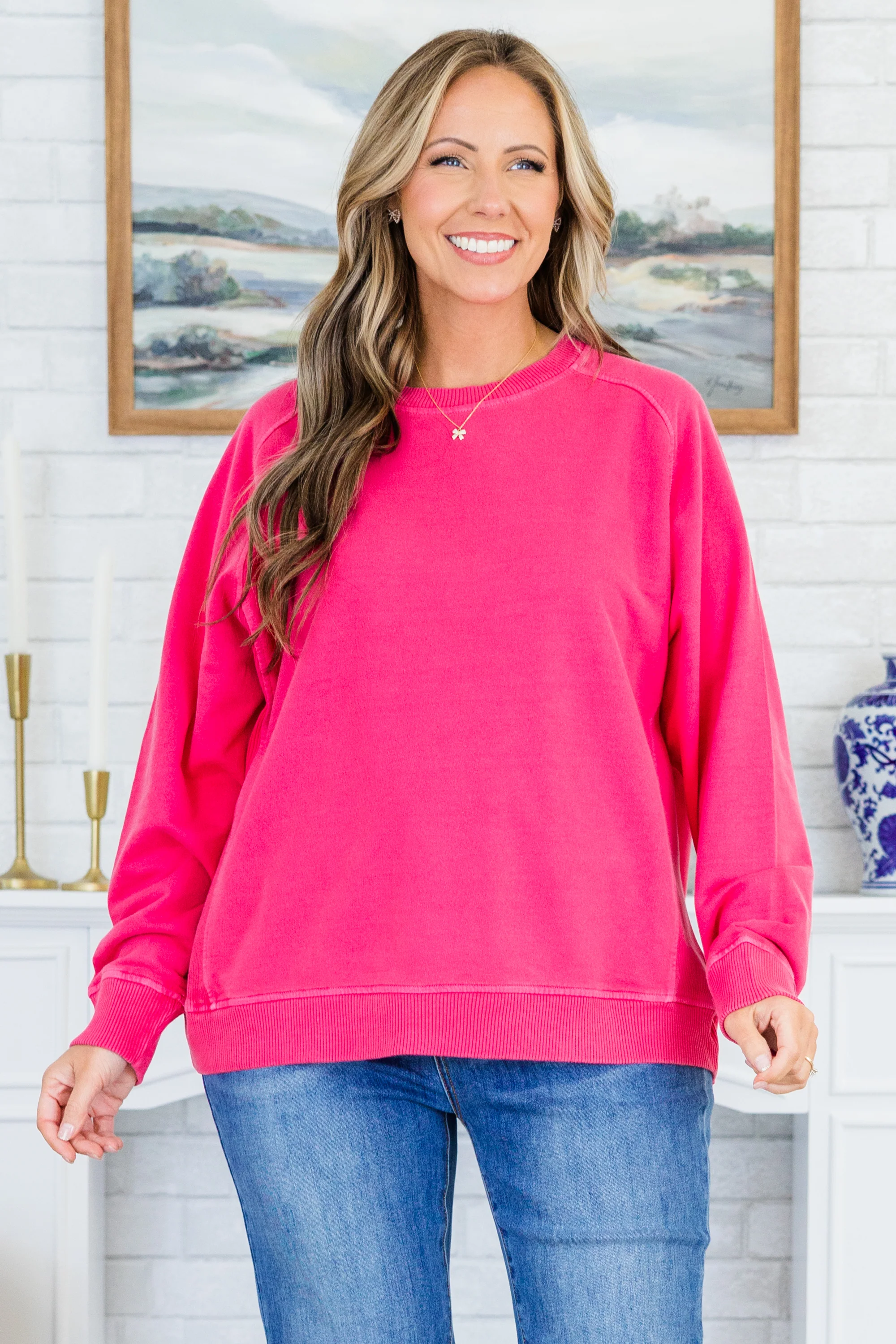 Happy To Be Here Pullover, Hot Pink - Giverhouse