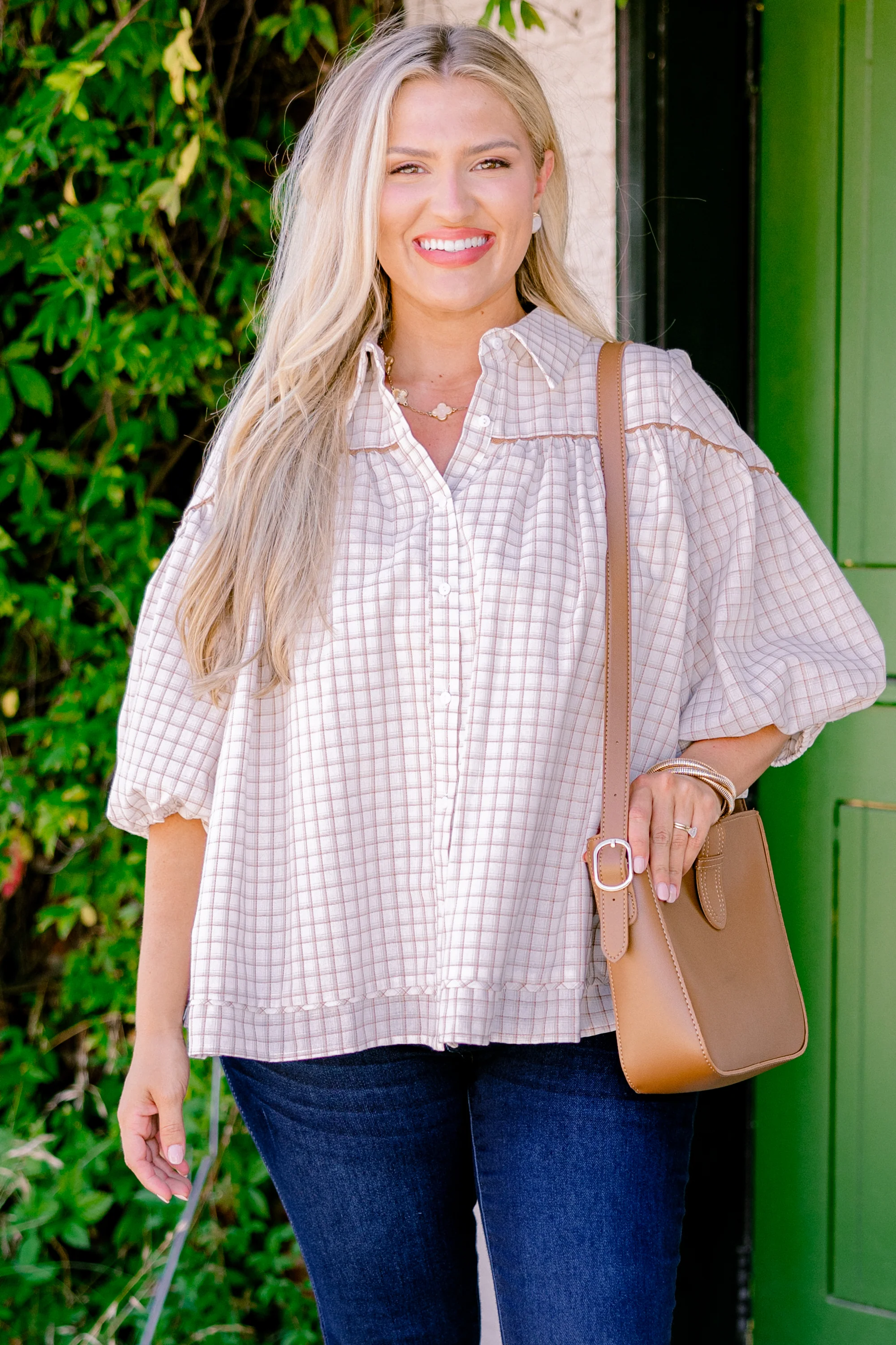 Love Is All Around Blouse, Cream Plaid - Giverhouse