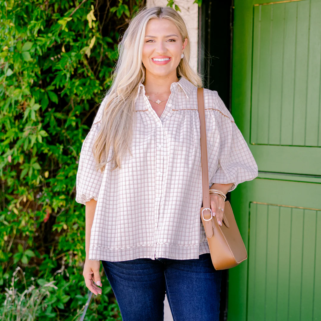Love Is All Around Blouse, Cream Plaid - Giverhouse